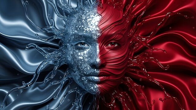 Duality of human nature a bipolar portrait with contrasting blue and red textures