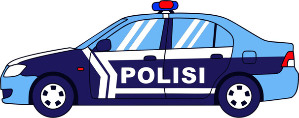 Cartoon illustration of blue and white police sedan car isolated. © Teguh