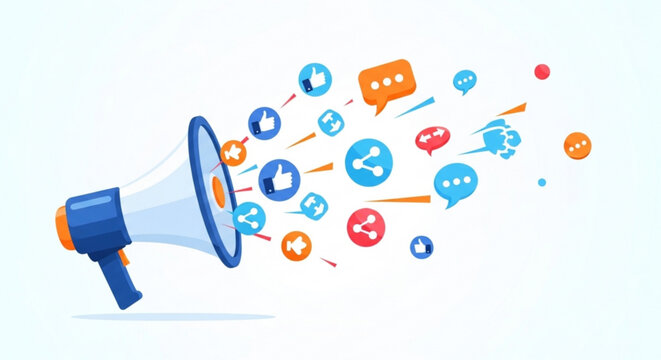 Megaphone with social media icons and speech bubbles on white background for marketing and communication concepts