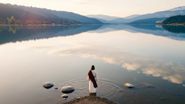 Man in robe walking into lake, creating ripples in water. Spiritual journey and religious concept of baptism or reflection.