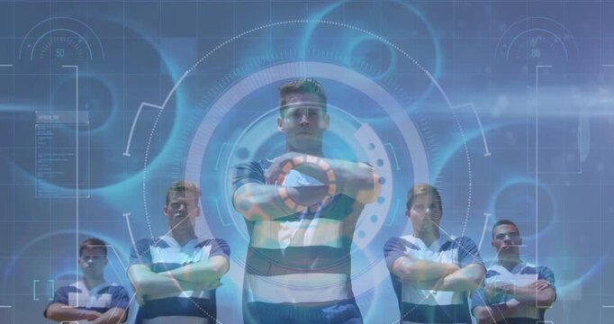 Animation of data processing over rugby players during match in sports stadium