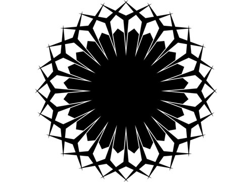 Vector round frame. Black pattern on white background. Symmetrical Design Element. Vinyl applique. Silhouette. Cut. Facets. Decor. Sun, flower. abstract petals