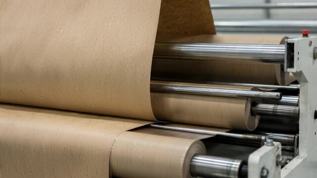 Closeup medium shot of brown kraft paper being slit and rewound into compact rolls emphasizing texture and the robust material handling process in a recyclingfriendly factory.