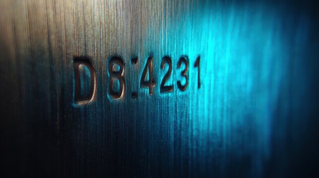 Macro Shot of Etched Serial Number on Brushed Titanium Surface With Blue Light in Negative Space Present in the Frame