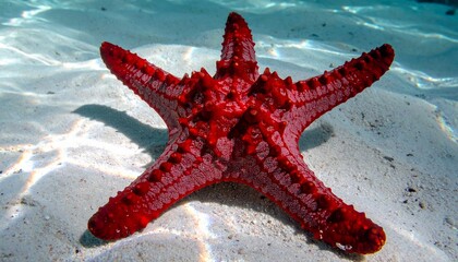 Vibrant Red Starfish Resting on White Sandy Seabed in Clear Tropical Water with Sunlight Caustic Patterns
