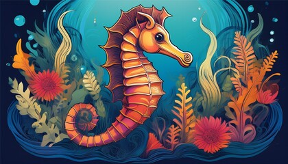 seahorse gracefully clinging to aquatic plants in a vibrant underwater scene