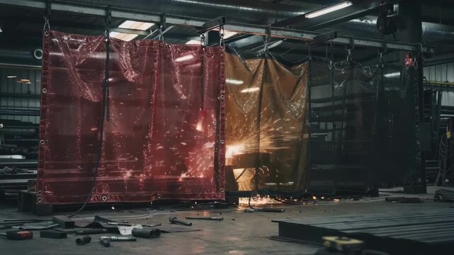 Medium shot of heavyduty welding screens hanging in a workshop designed from specialized highflameresistance fabric to protect workers from sparks.