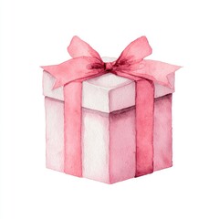 A watercolor-style gift box, square with a pink ribbon and bow, on a white background