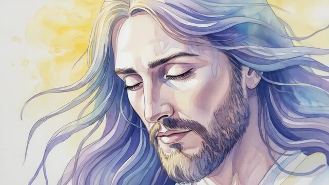 Watercolor painting of Jesus Christ with open and closed eyes, depicting prayer and spiritual contemplation for religious art.