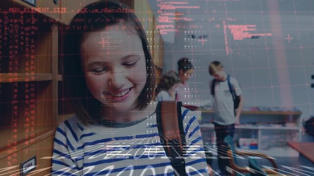 Data processing and binary coding over caucasian girl smiling while using smartphone at school