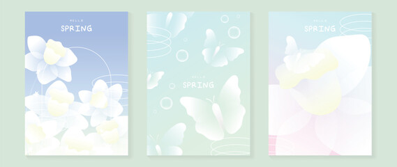 Fototapeta premium Spring flowers poster vector set. Botanical pastel gradient background and white floral design for spring and summer sale ads, invitation backgrounds, cards, branding, packaging and wall decoration.