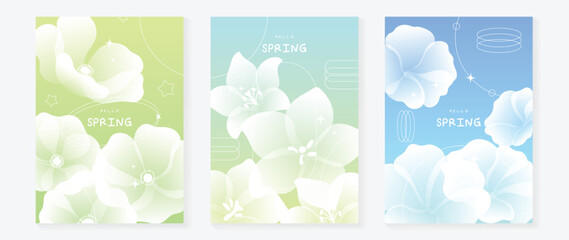Obraz premium Spring flowers poster vector set. Botanical pastel gradient background and white floral design for spring and summer sale ads, invitation backgrounds, cards, branding, packaging and wall decoration.