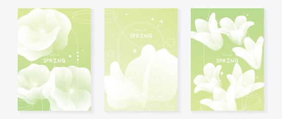 Fototapeta premium Spring flowers poster vector set. Botanical pastel gradient background and white floral design for spring and summer sale ads, invitation backgrounds, cards, branding, packaging and wall decoration.