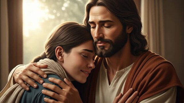 A man embracing a woman with compassion and devotion, offering spiritual comfort and love, religious moment of solace and support.