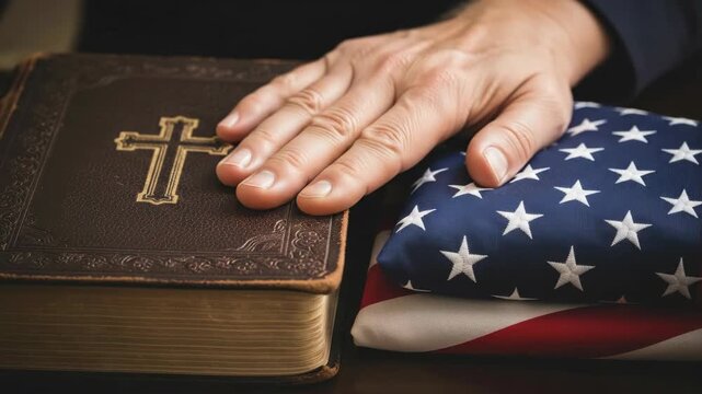 Mans hand rests on a bible and a folded american flag symbolizing faith, oath, and patriotism for religious or governmental ceremonies