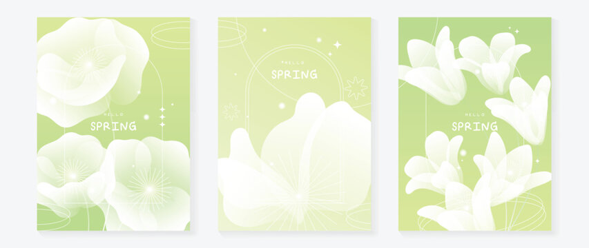 Spring flowers poster vector set. Botanical pastel gradient background and  white floral design for spring and summer sale ads, invitation backgrounds, cards, branding, packaging and wall decoration.