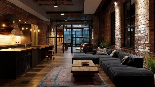 Modern loft apartment with exposed brick walls, open kitchen, and spacious living area