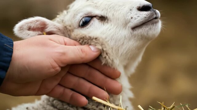 Man gently caressing a lambs head and chin, showing connection between human and animal, a religious farm concept.