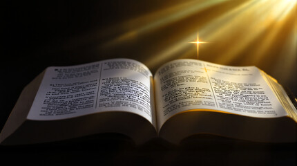 Open Bible with shining light on dark background  