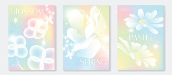 Fototapeta premium Spring flowers poster vector set. Botanical pastel gradient background and white floral design for spring and summer sale ads, invitation backgrounds, cards, branding, packaging and wall decoration.
