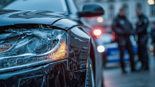 Damaged front headlight on a black vehicle involved in a street accident with out-of-focus police officers and emergency lights in the background at dusk