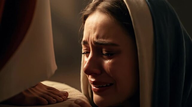Woman crying and touching a holy feet. Biblical scene depicting a womans devotional act. Religious spiritual worship and reverence concept.