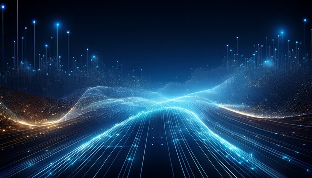 abstract blue technology background with glowing dots and lines representing a digital network or data stream