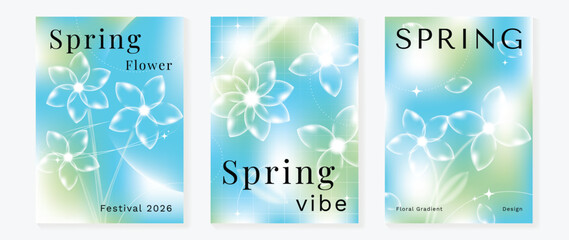 Fototapeta premium Spring flowers poster vector set. Botanical pastel gradient background and white floral design for spring and summer sale ads, invitation backgrounds, cards, branding, packaging and wall decoration.
