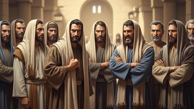 Men discussing a serious religious interpretation. Jesus Christ and apostles debating a biblical passage in ancient setting.
