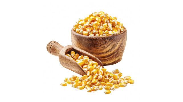 A wooden bowl and scoop overflowing with golden yellow dried corn kernels on white background