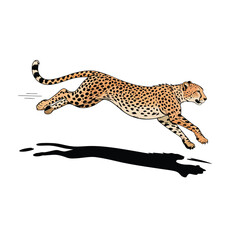 A stylized of a leaping cheetah with spots and a long tail
