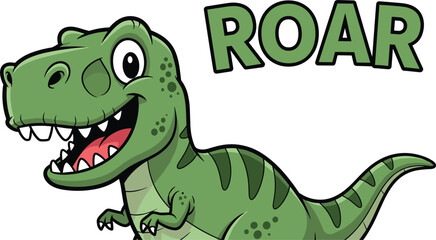 Fototapeta premium Friendly green cartoon Tyrannosaurus Rex dinosaur with an open mouth and big eyes standing next to the word ROAR isolated on white background.