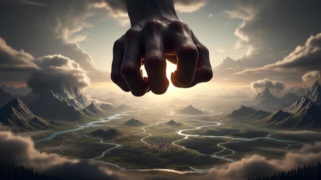 Giant hand with long nails reaching down over a vast mountain landscape, clutching at light, a symbolic gesture of control.