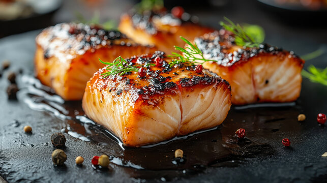 salmon fillets cooking on cedar planks on grill