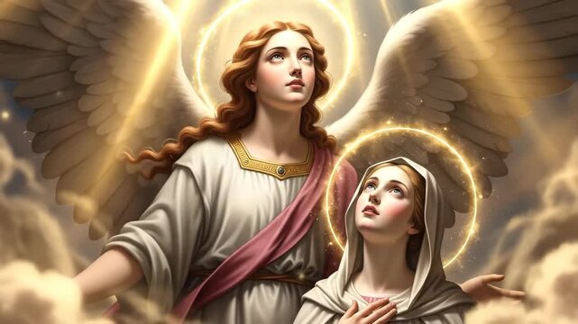 An angel woman with wings and a woman in a veil with halos watching the heavens. Religious biblical scene of ascension and divine presence.