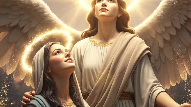 Woman with glowing halo looking up at an angel with wings. Religious divine guidance and faith. Spiritual concept for christianity.