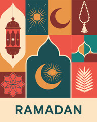Colorful Ramadan with lanterns, crescent moon, and beads