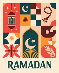 Colorful Ramadan with Symbols and Text crescent moon