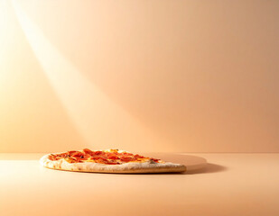 Pepperoni pizza on minimal warm studio background with sunlight and empty space