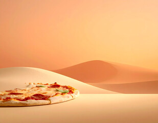 Pizza on desert-like minimal background with warm sunlight, copy space for menu design