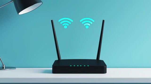 Wireless wifi router device on desk with glowing signal icon above antenna, home internet connection network technology equipment, broadband communication smart home office connectivity concept backgr