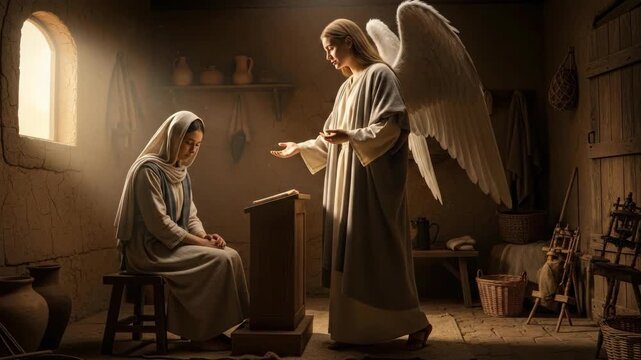 Angel gabriel visits mary, the annunciation in a humble room, an important biblical event related to christmas.