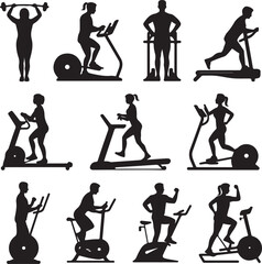 Obraz premium Silhouettes of people exercising on various gym equipment machines