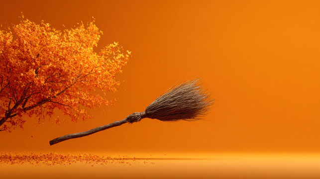 Halloween witch's broomstick flying. Minimal holiday celebration horror concept