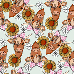 Cotton fabric Seamless pattern with cute highland cows wearing pink polka dot bows and yellow sunflowers over light blue background for nursery textile and farmhouse wallpaper