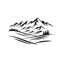 Minimalist Black and White Mountain Landscape with Trees and River 1