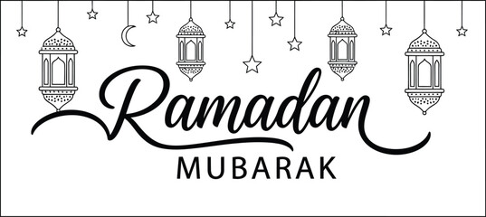 A black and white ramadan mubarak greeting with lanterns and stars hanging from the top. © Farjana