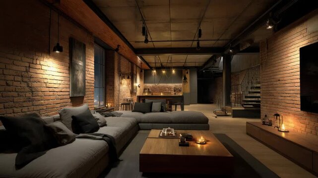 Cozy loft living room with exposed brick walls and warm ambient lighting