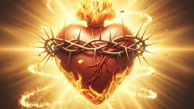Sacred heart of jesus with crown of thorns and flames. Christian religious symbol with divine light and radiating particles. Faith application concept.