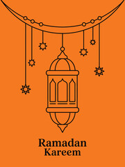 Minimalist orange of a hanging lantern with stars and Ramadan Kareem text